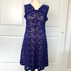 NWOT Women’s Size 14 Navy Blue Lace Overlay Nude Dress, Wide Straps, Knee Length